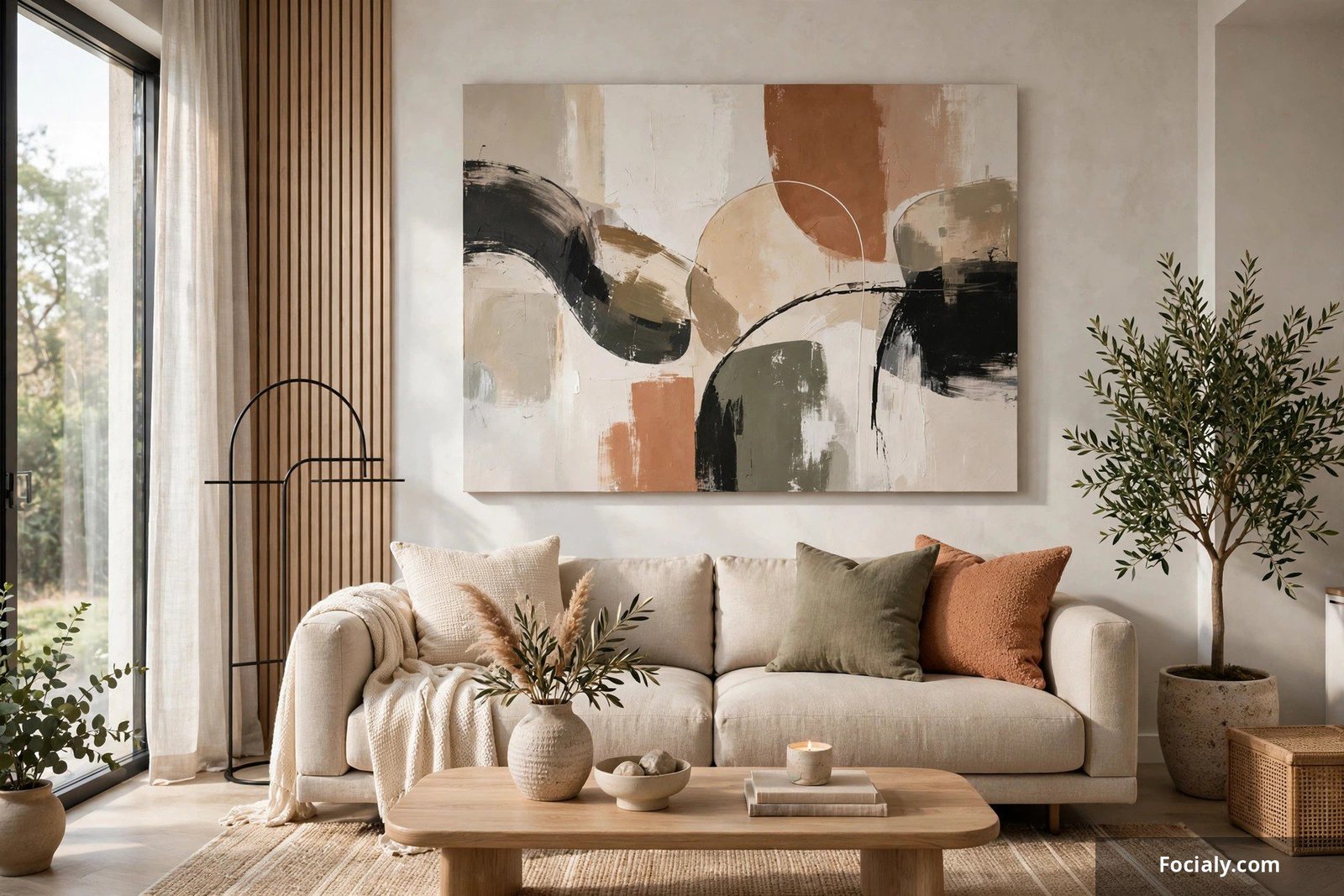 Large abstract wall art hanging above a sofa in a modern decorated room