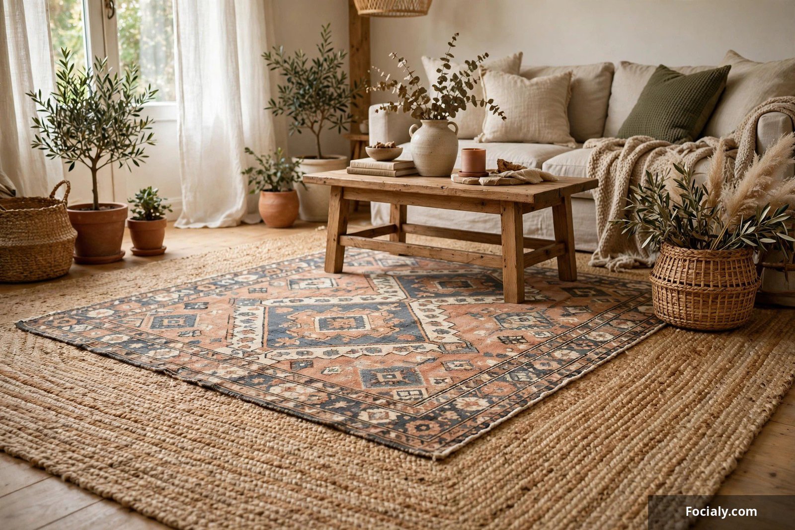 Layered rugs with a smaller patterned rug over a large jute rug