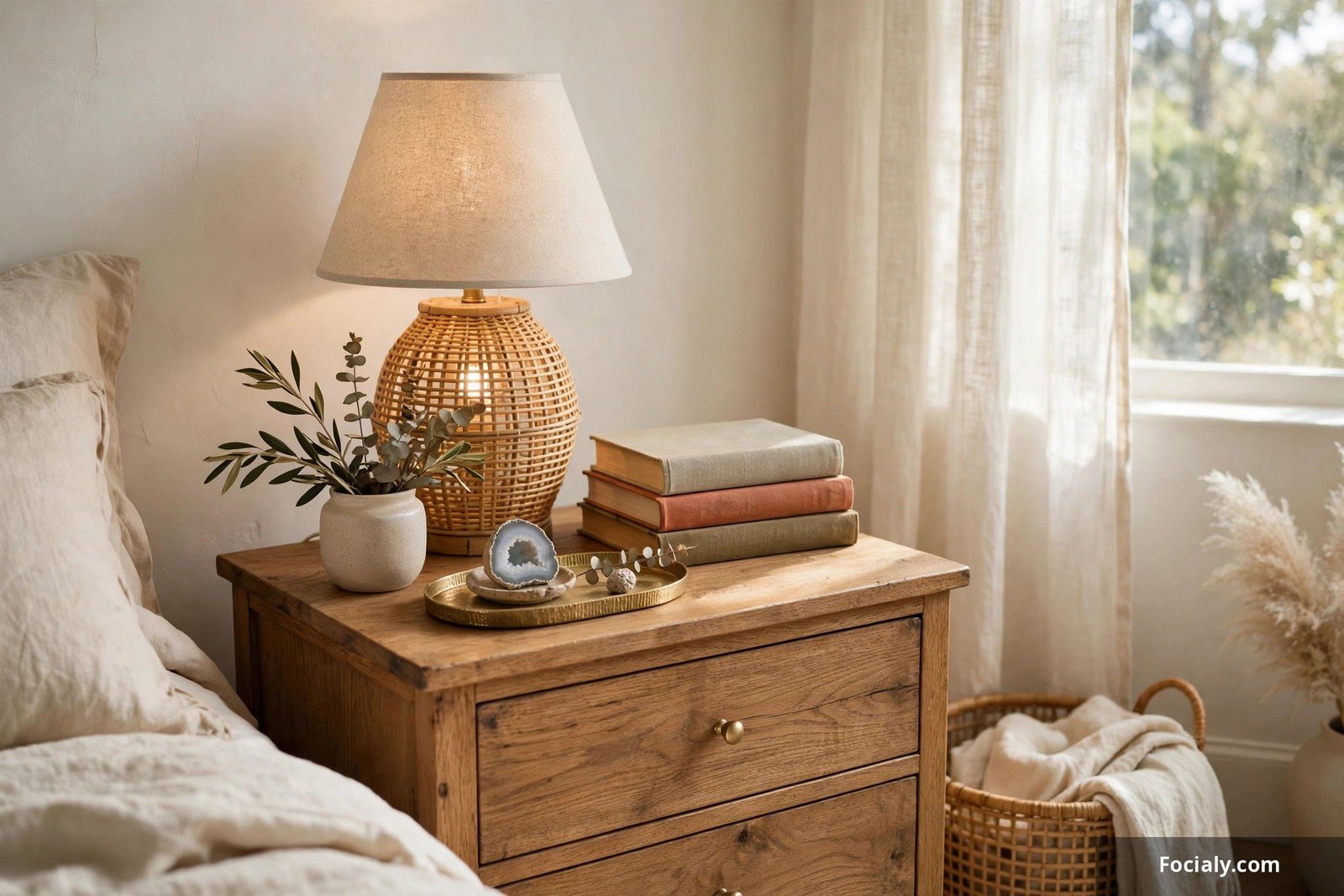 Styled bedside table with lamp, books, and a small decorative tray