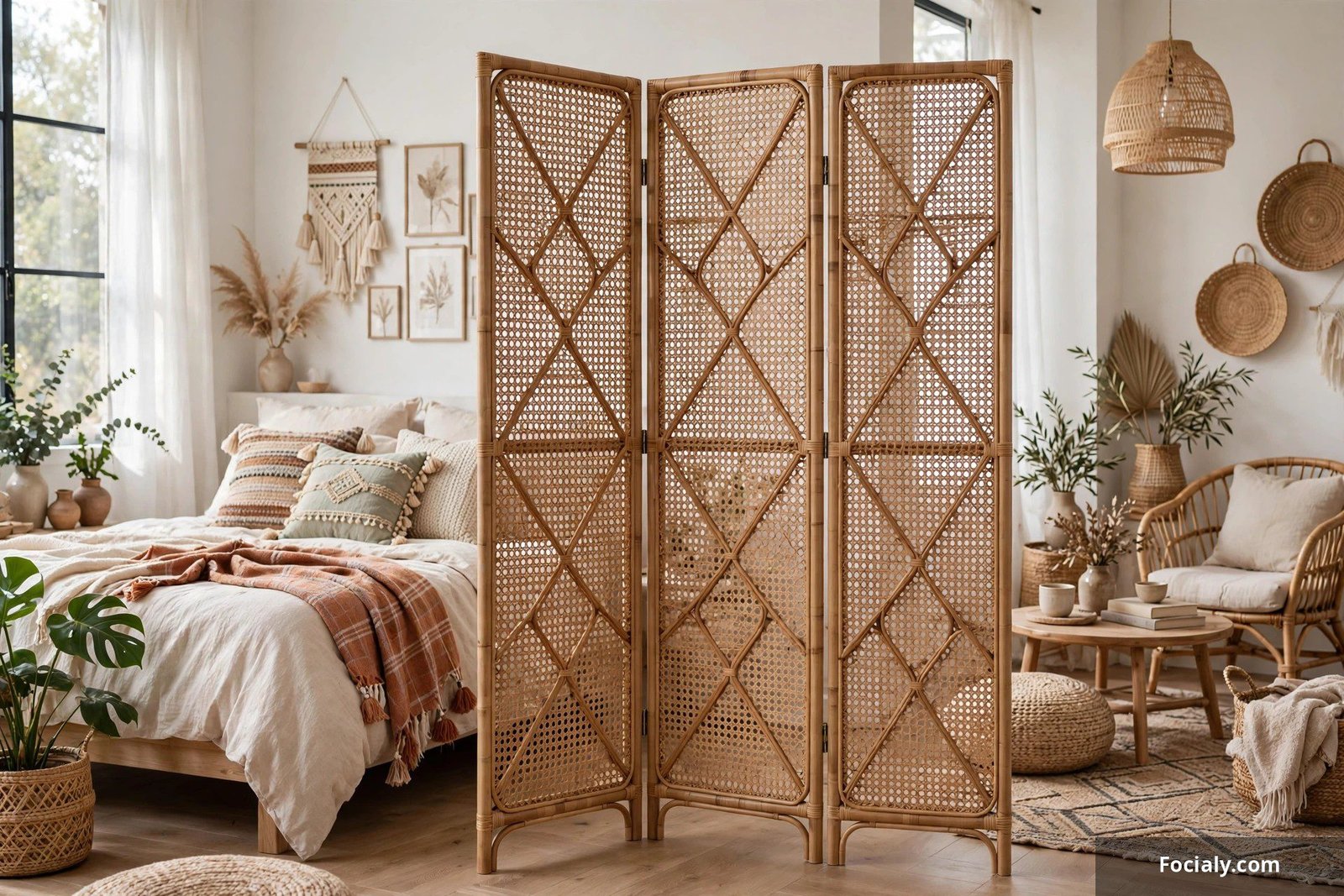 Decorative rattan room divider screen in a bright decorated bedroom
