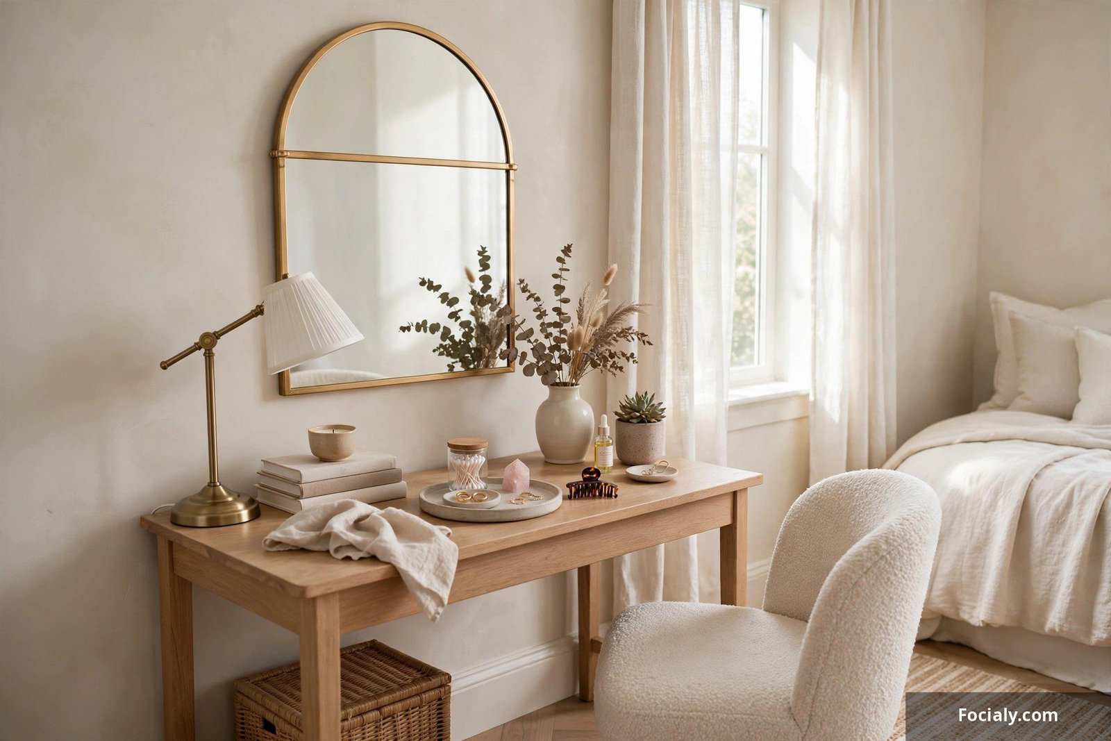 Styled small desk vanity corner with mirror, lamp, and decor in a bedroom