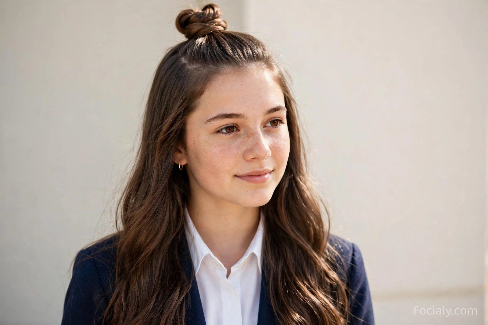 Teenage girl with a half-up twisted top knot, long glossy hair falling loose over her shoulders