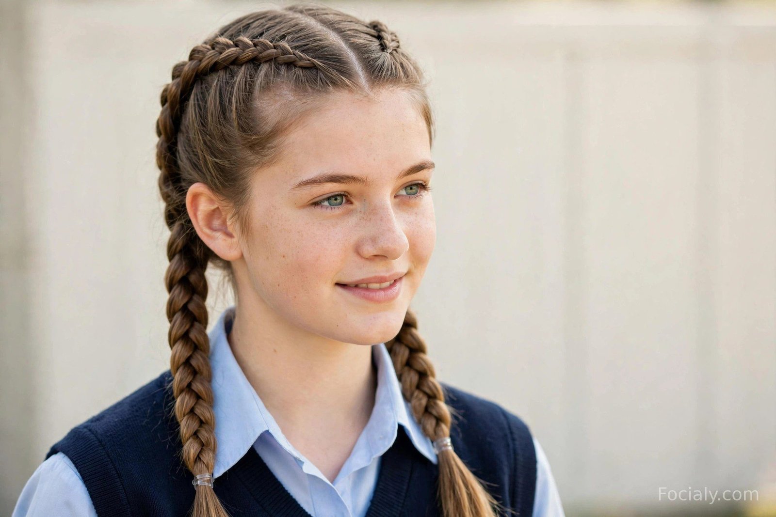 Girl wearing two neat double dutch braids running down each side of her head