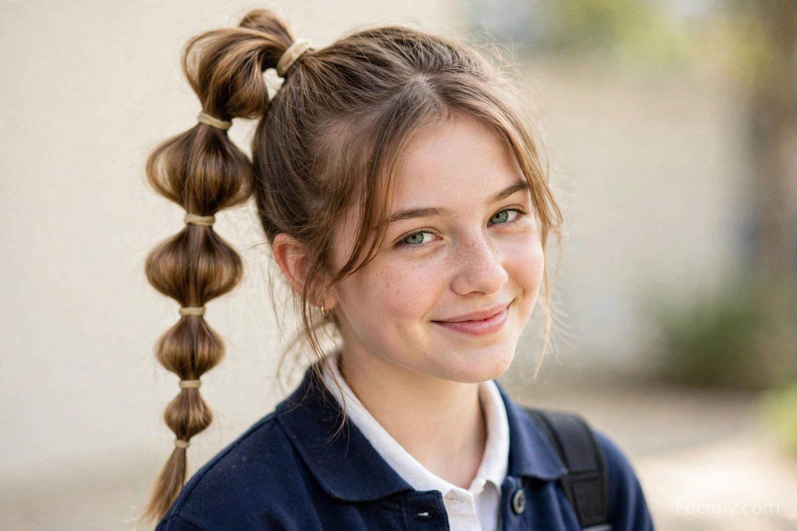 High bubble braid ponytail with rounded sections separated by small elastics