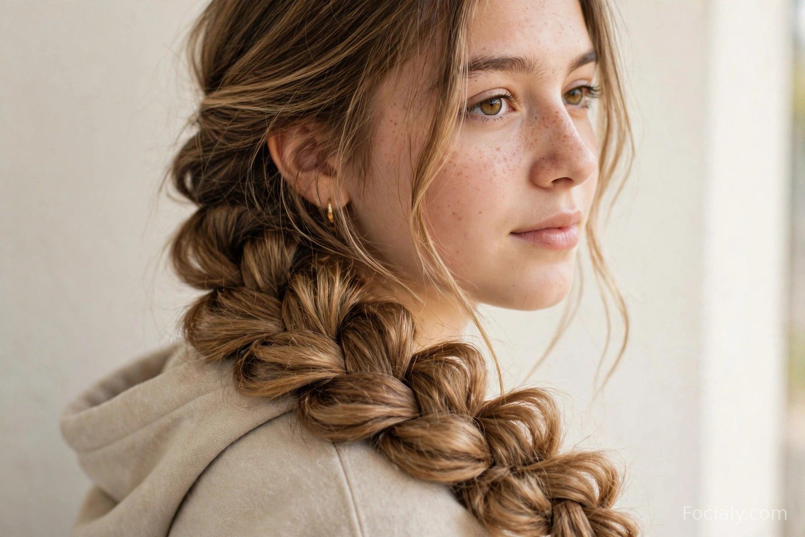 Thick chunky side braid draped over one shoulder with soft face-framing strands