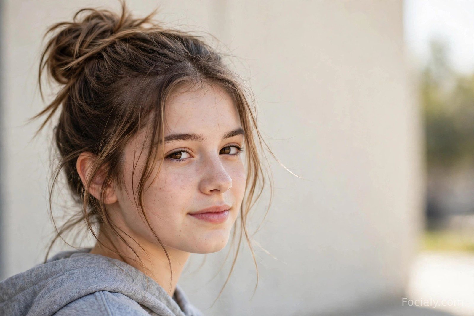 Soft messy high bun loosely gathered at the crown with wispy natural strands