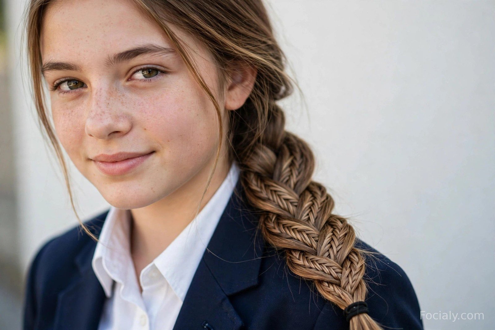 Neat fishtail side braid over one shoulder showing the intricate woven pattern