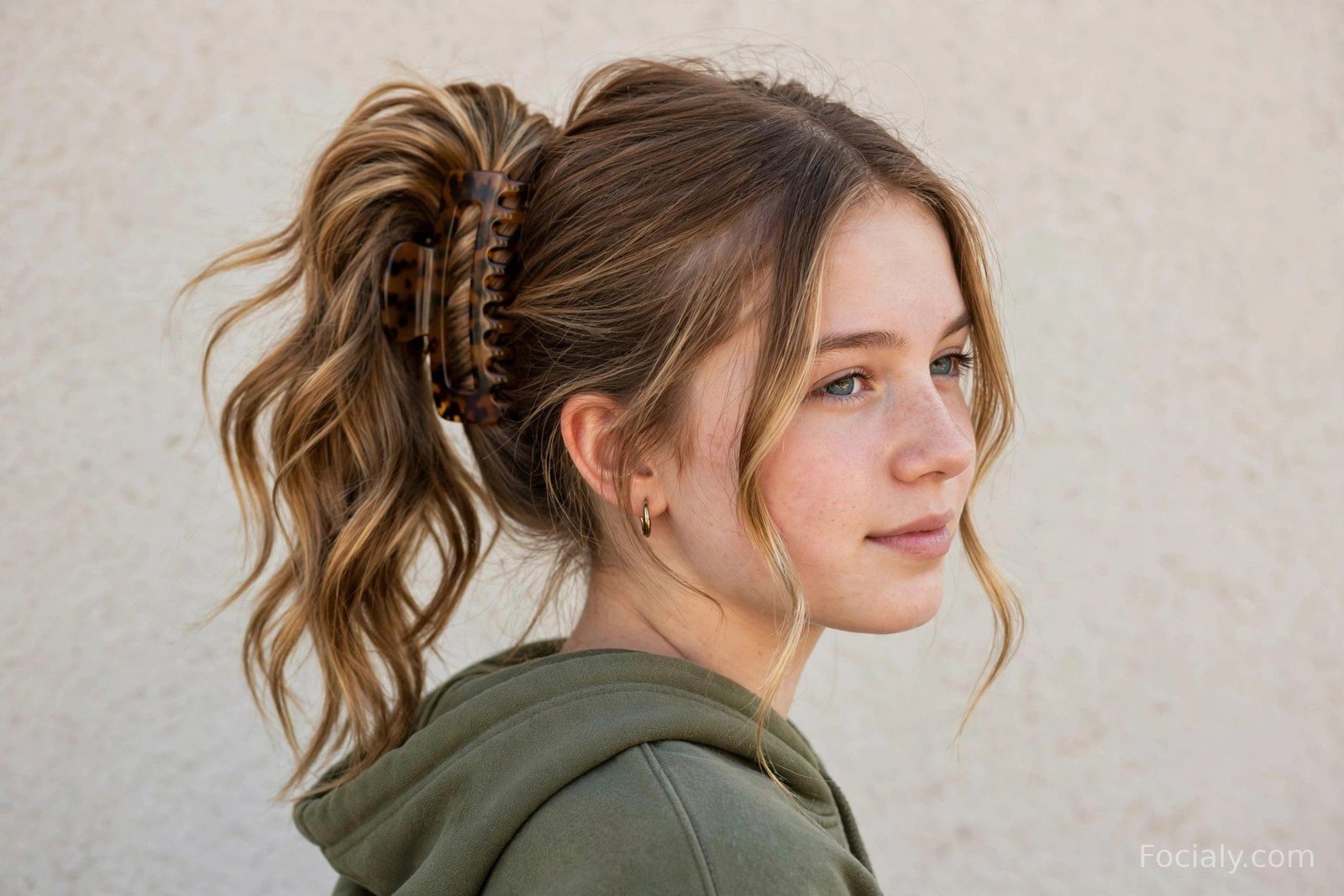 Twisted ponytail secured with a large tortoiseshell claw clip, ends cascading over it