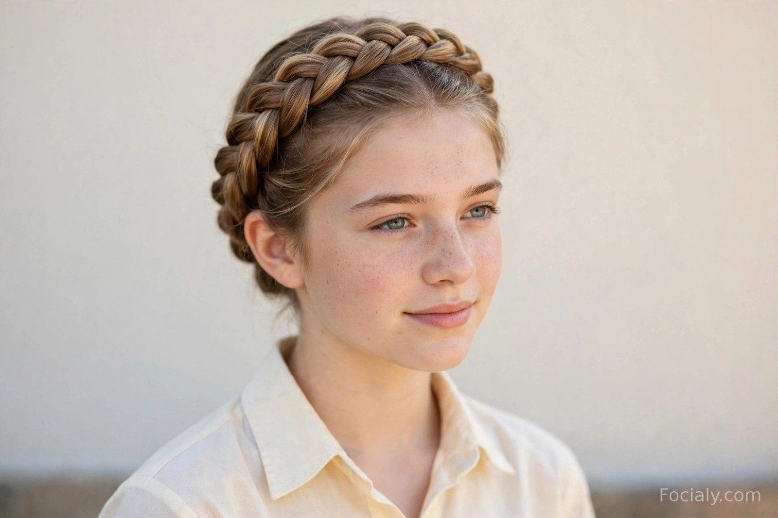 Milkmaid crown braid wrapped across the top of the head like a headband