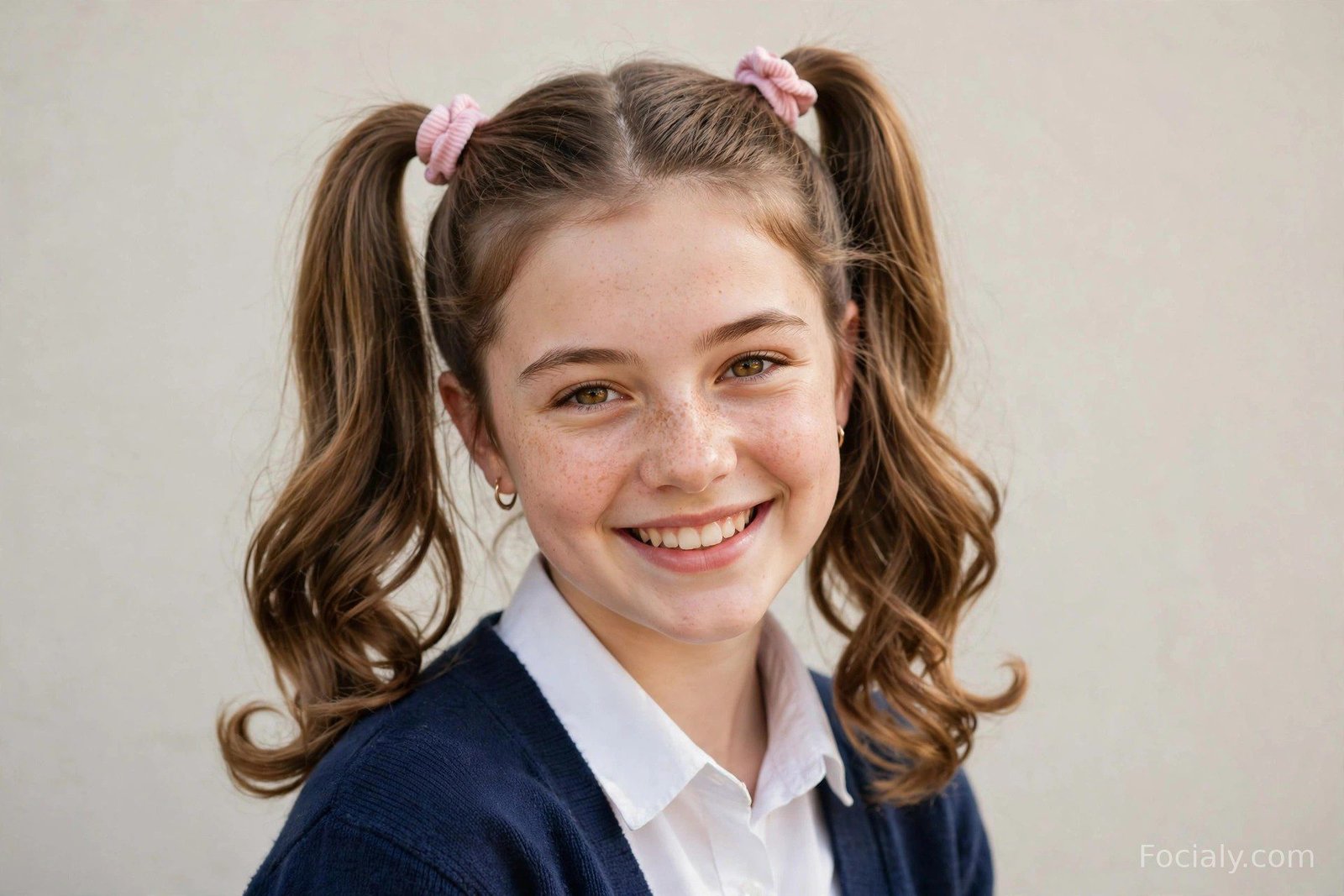 Classic double pigtails tied high with matching scrunchies, ends slightly curled