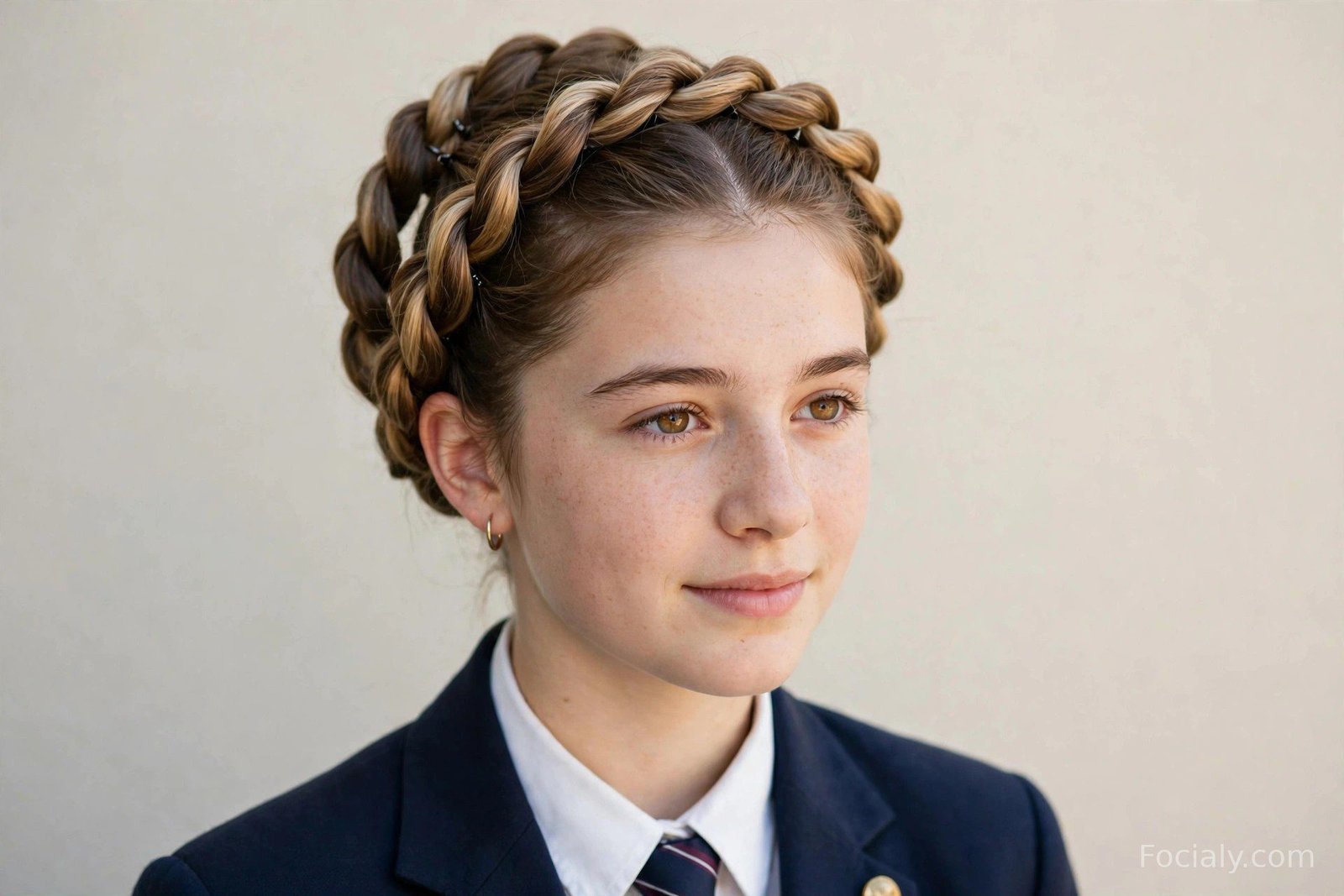 Twisted halo updo with two rope-twisted sections wrapped around the head and pinned