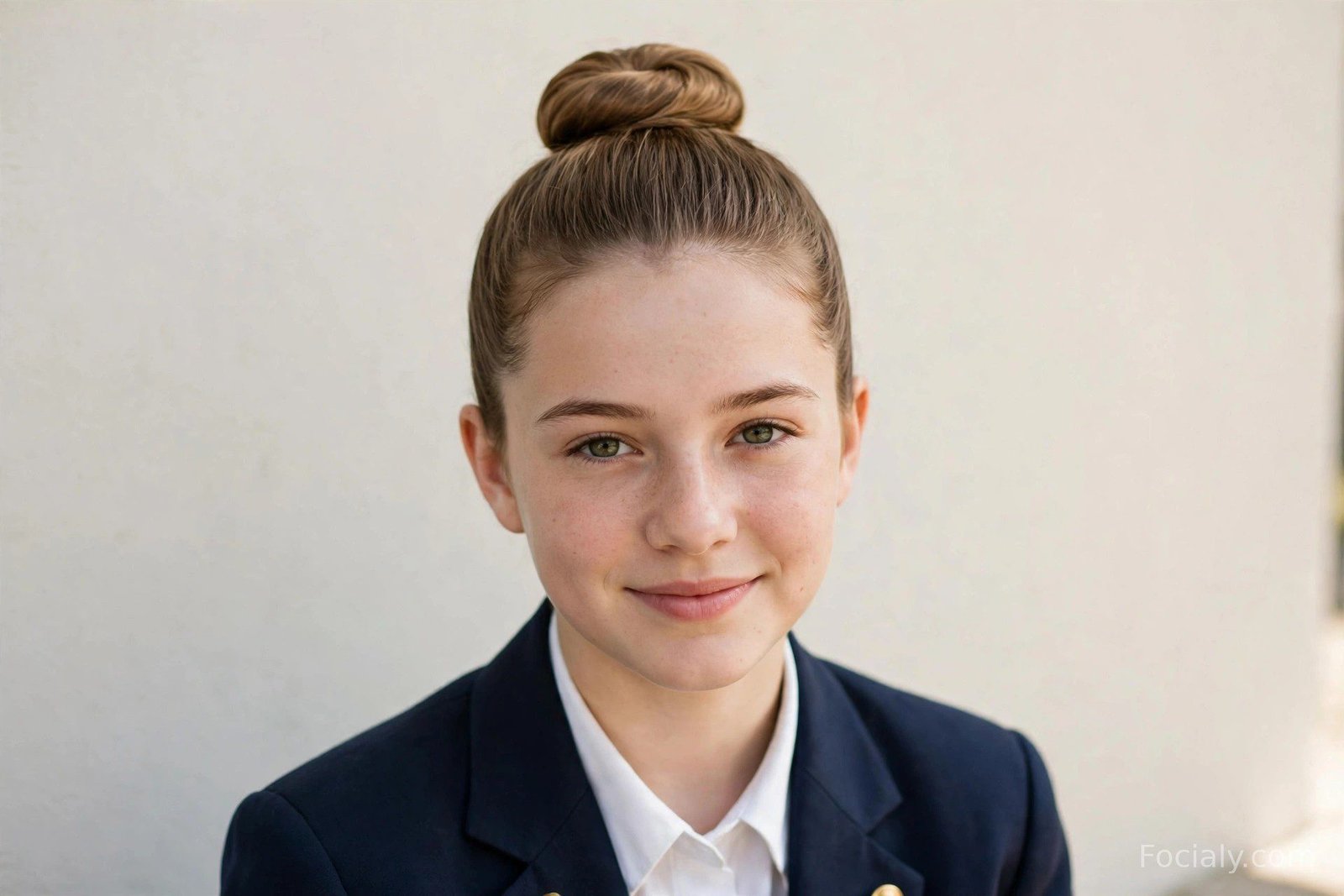 Smooth perfect donut bun sitting high on the back of the head, neatly tucked