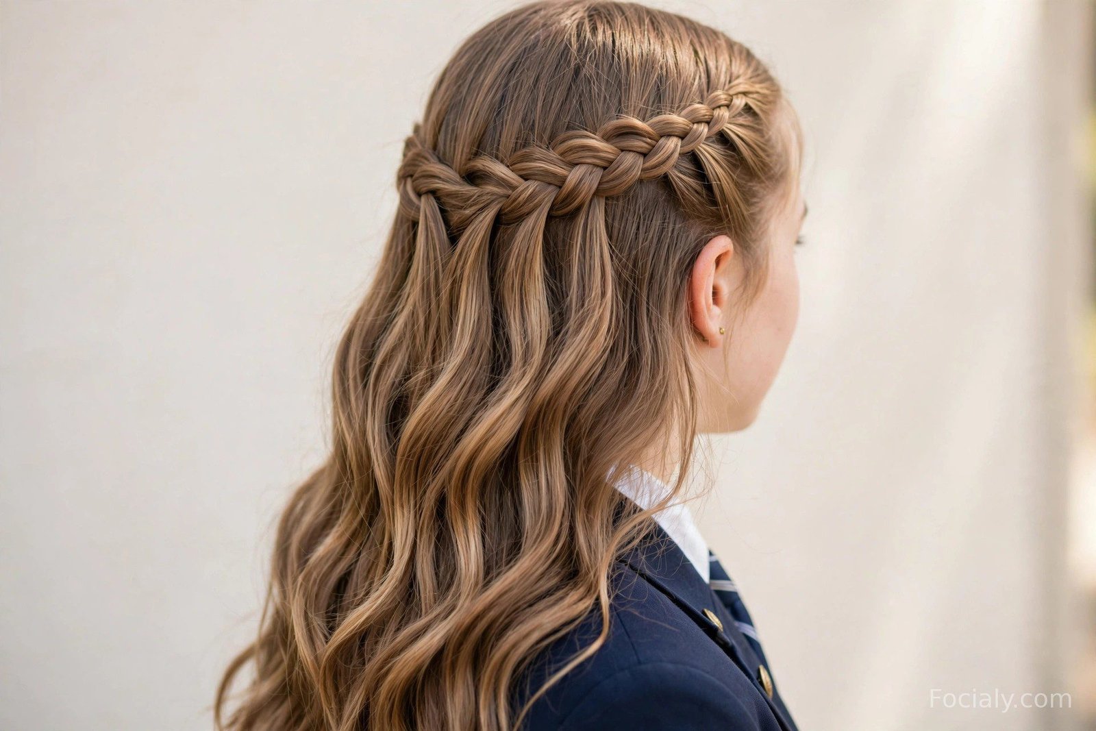 Waterfall twist braid across the back of the head with strands cascading through the loops