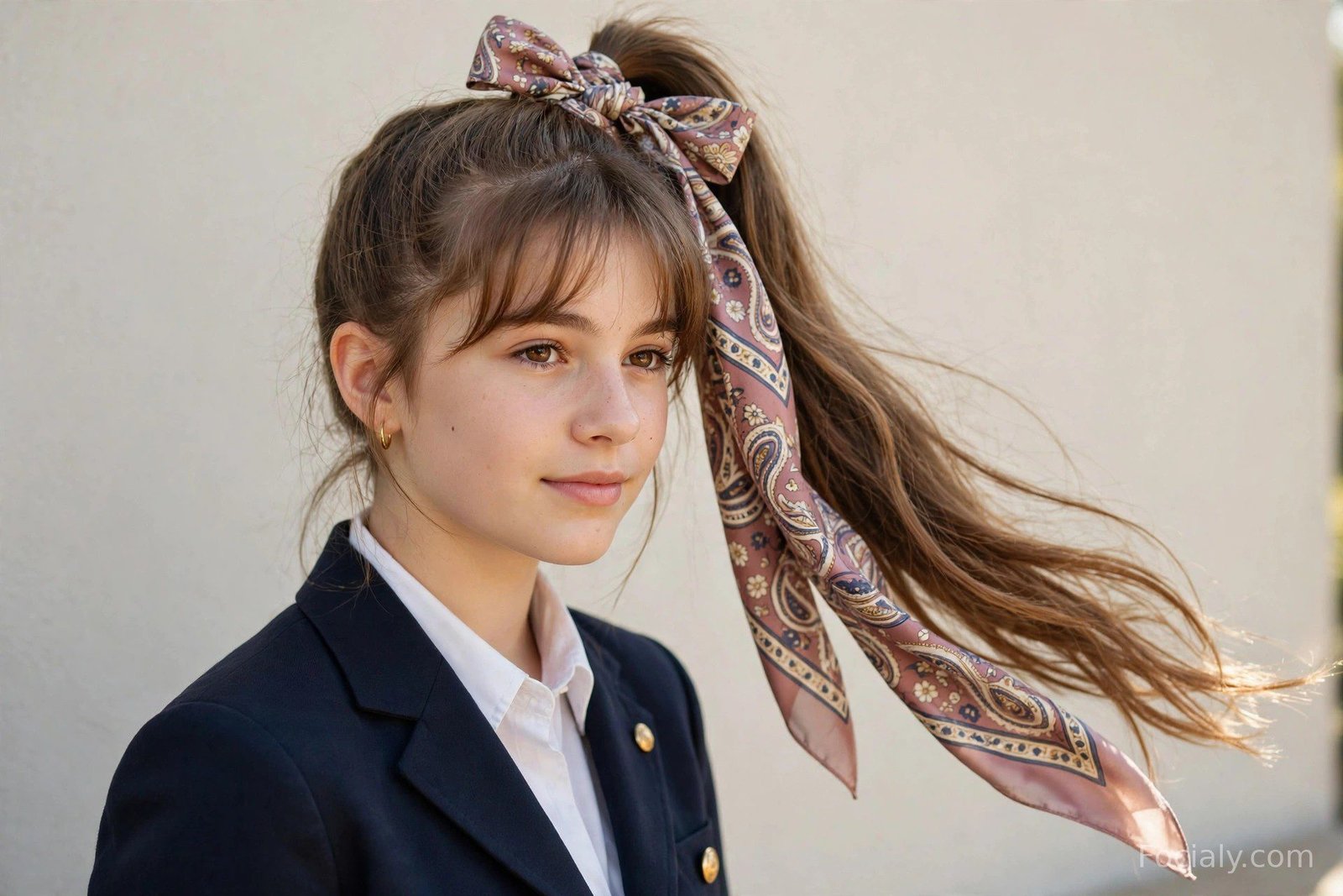 High ponytail with a patterned silk scarf tied in a bow around its base