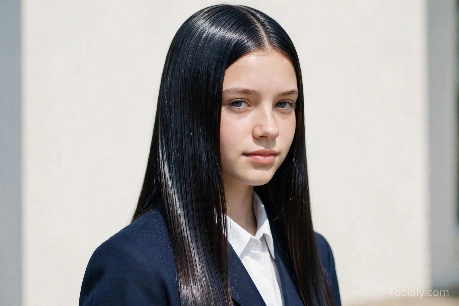 Pin-straight glass hair with mirror shine and a precise middle part