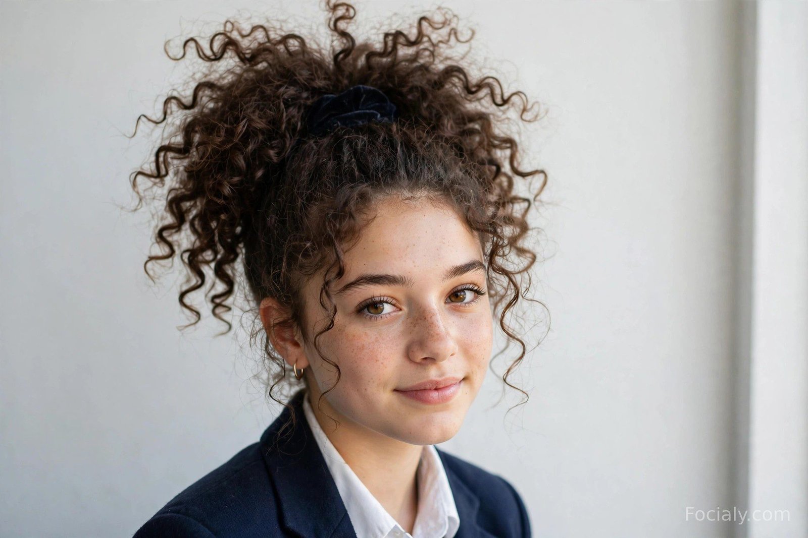 Natural curly hair gathered into a high pineapple puff with full springy volume