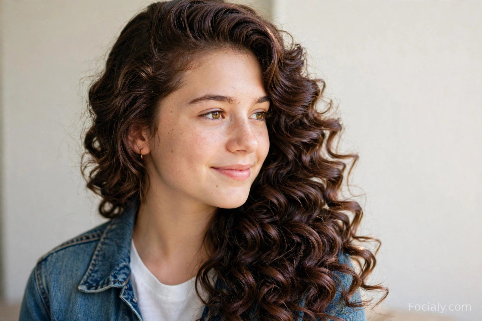 Bouncy defined curls swept to one side over the shoulder