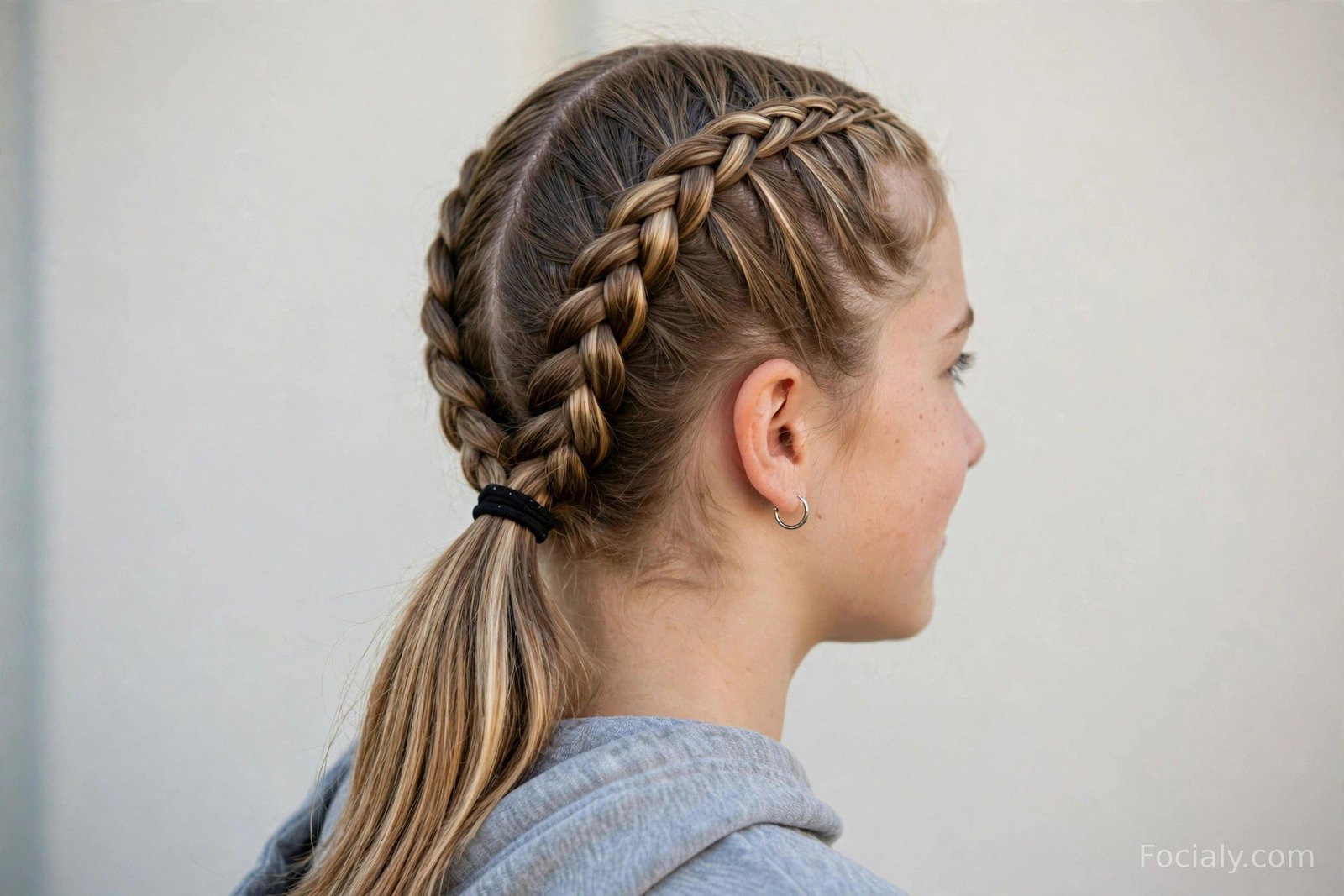 Two french braids from the temples merging into a low ponytail at the nape