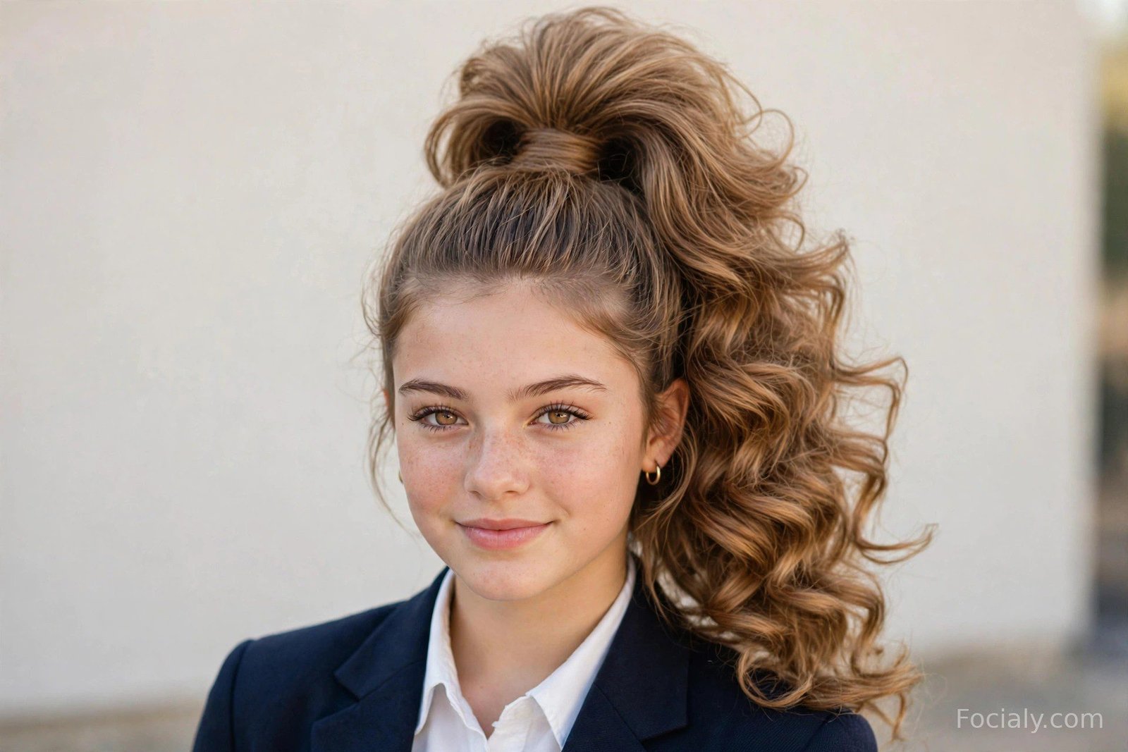 Sky-high voluminous ponytail with lift at the crown and softly curled ends