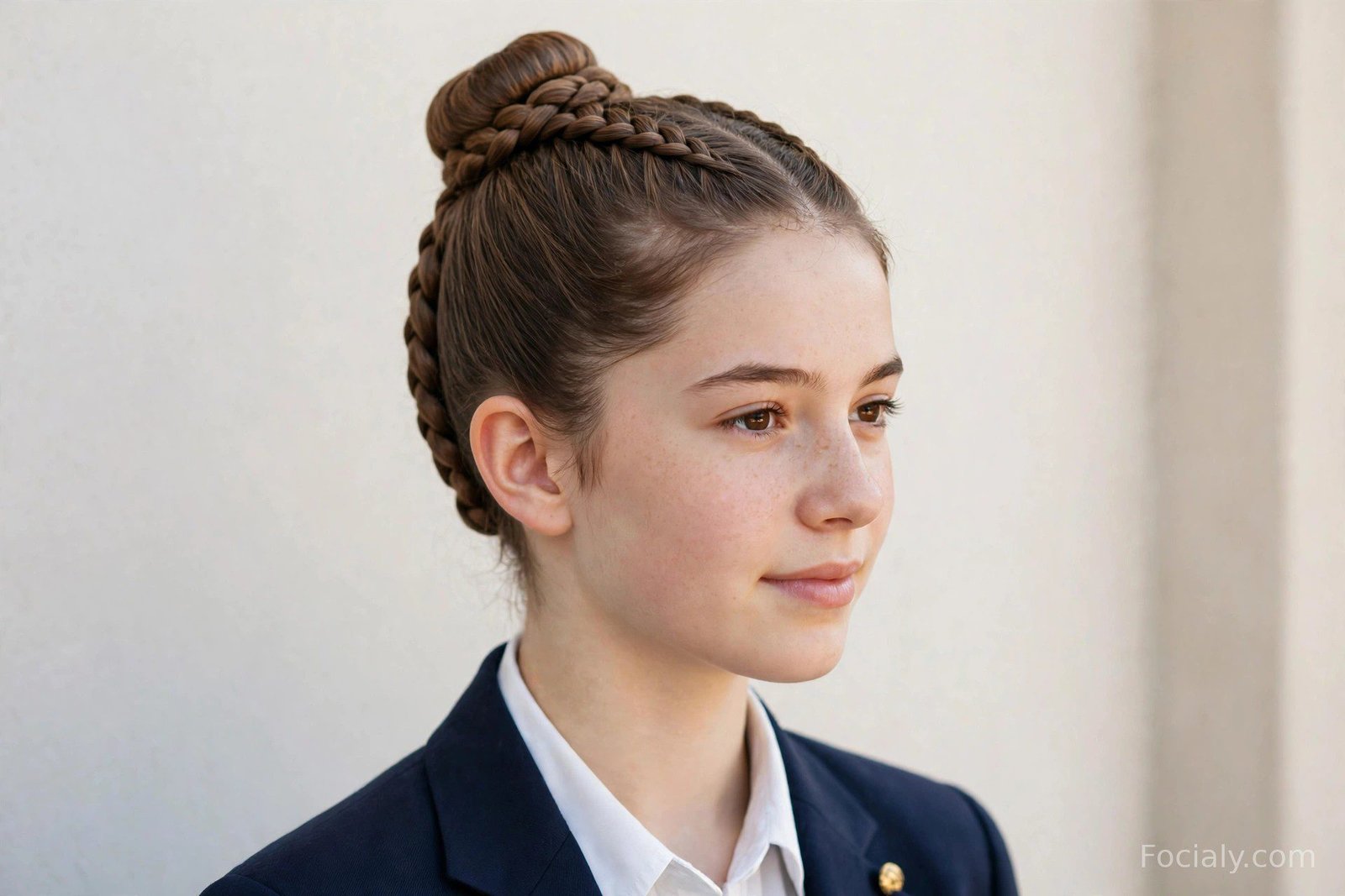 Dutch braid sweeping up from the nape into a neat round bun on top of the head