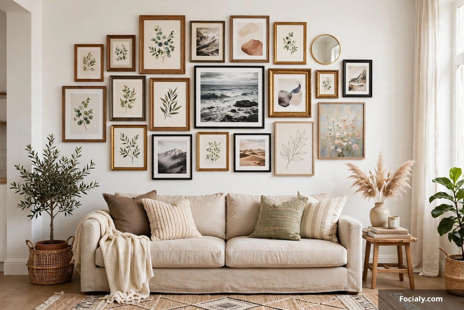 Salon-style gallery wall with mixed frames of art prints and photos above a sofa
