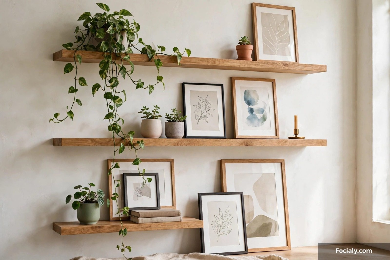 Floating oak shelves with leaning framed art prints and small plants