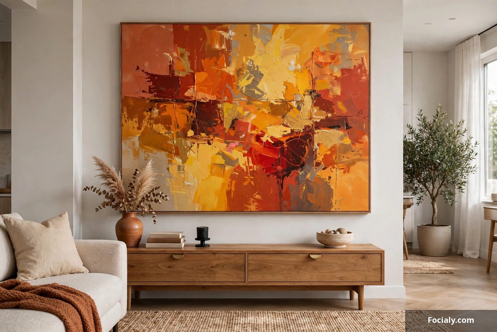 Large abstract canvas painting hanging above a wooden console table