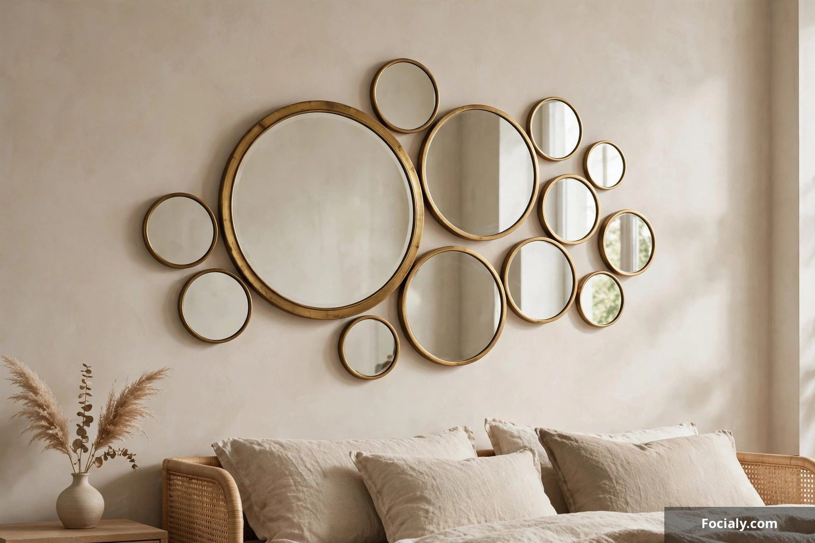 Cluster of round mirrors in different sizes on a bedroom wall