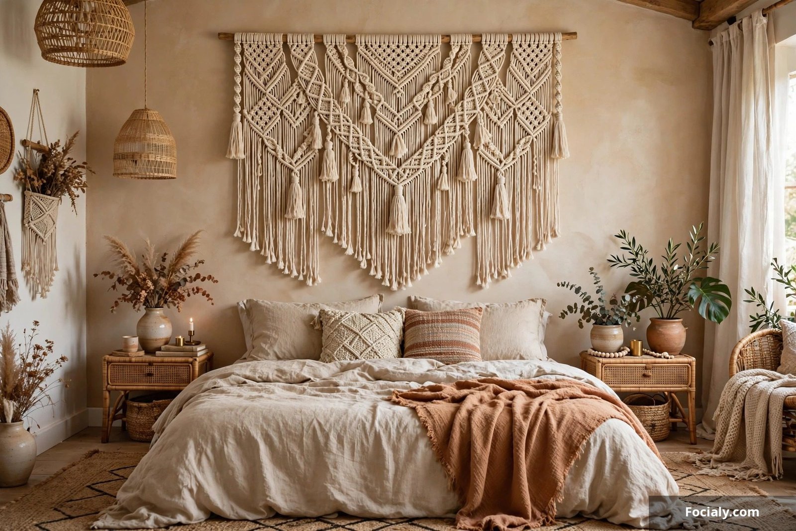 Large macrame wall hanging with fringe above a bed