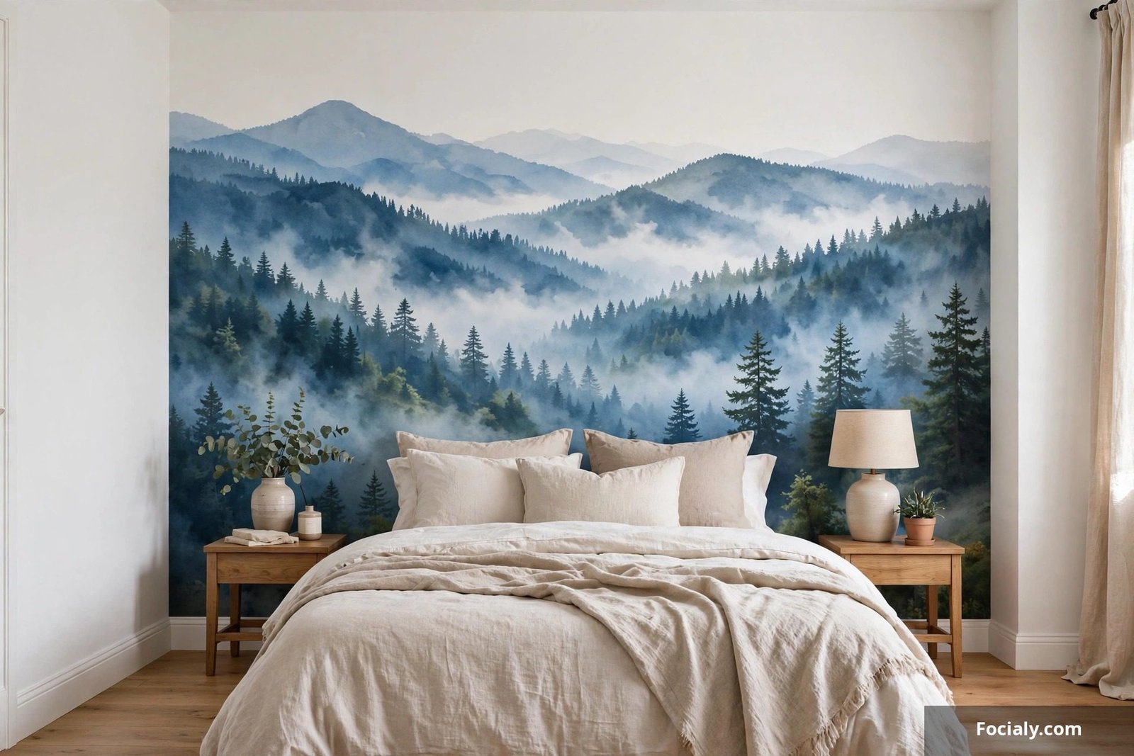 Peel-and-stick wall mural of misty mountains in a bedroom