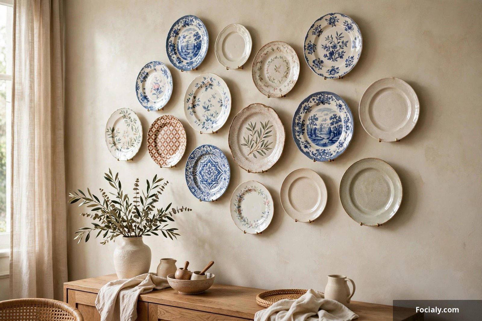 Decorative ceramic plates arranged on a dining room wall