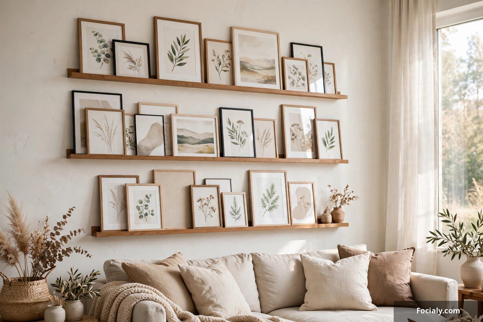 Narrow picture ledge shelves with layered framed prints