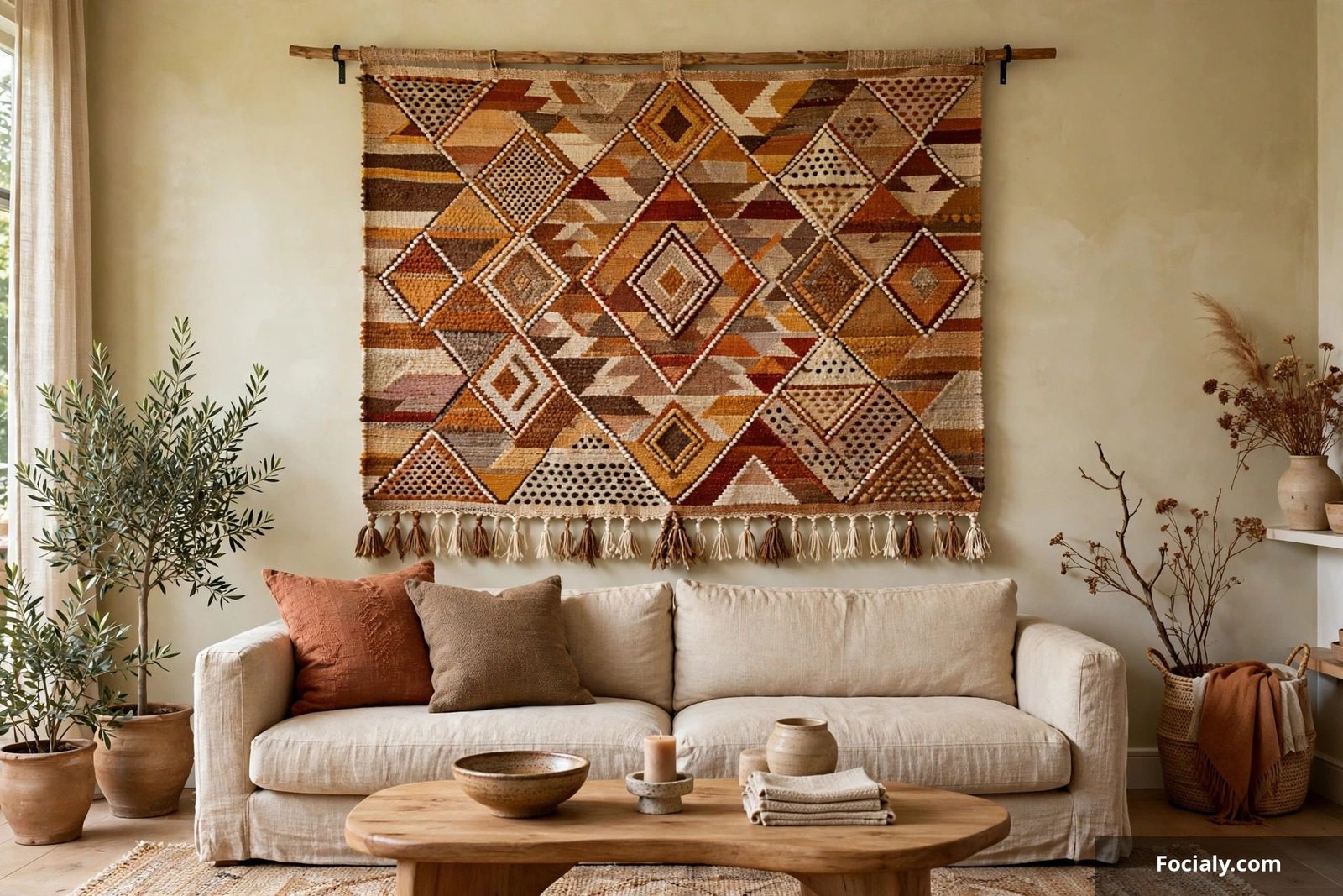 Large woven textile tapestry hanging on a living room wall