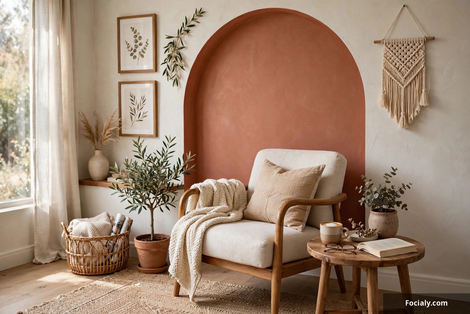 Painted arch accent in warm terracotta behind a reading chair