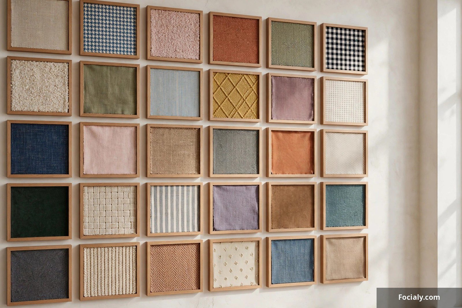 Grid of framed fabric swatches and textile patterns