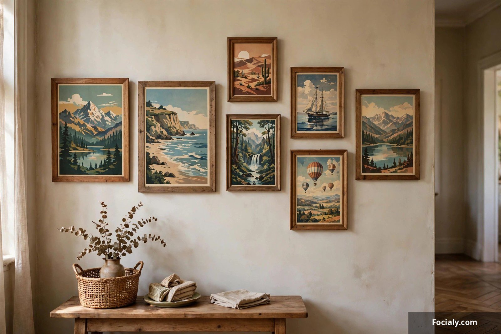 Framed vintage travel posters on a hallway wall