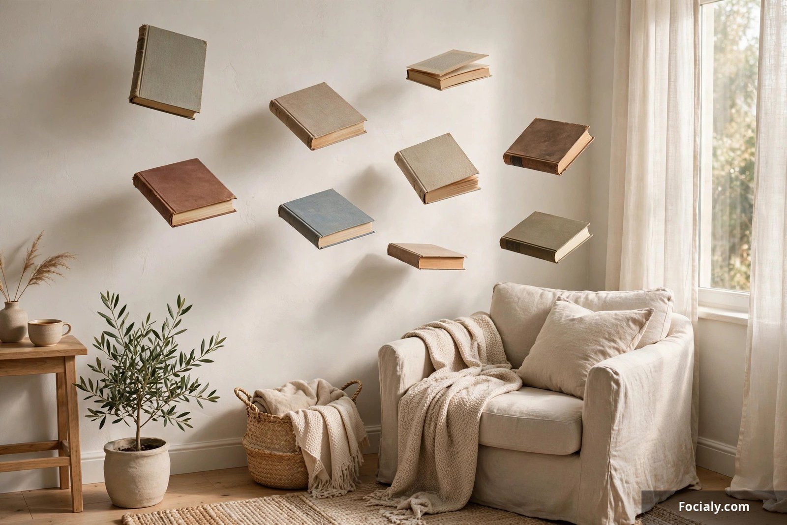 Books appearing to float on invisible wall shelves