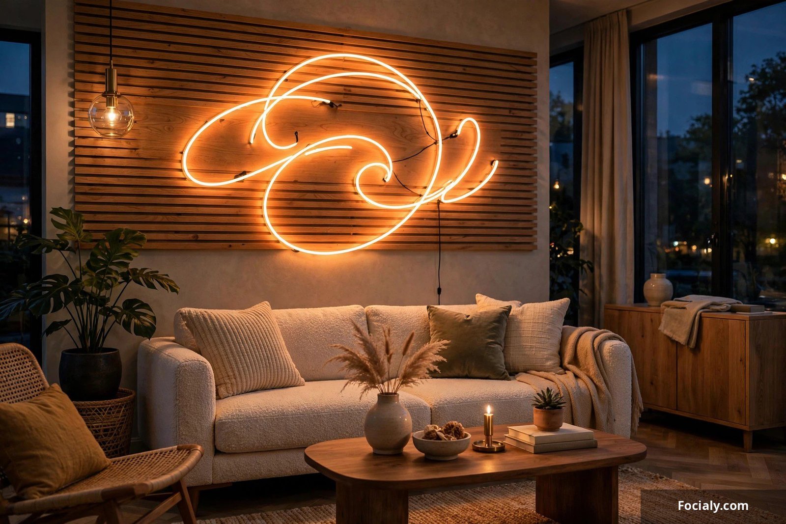 Warm glowing neon script sign on a living room wall