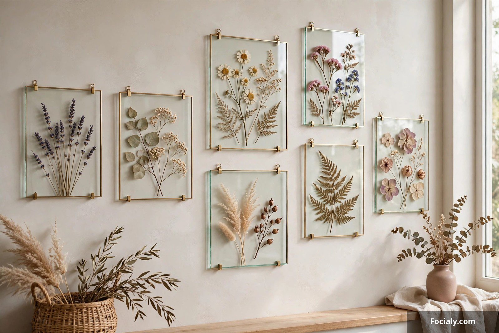 Pressed dried flowers displayed in glass floating frames