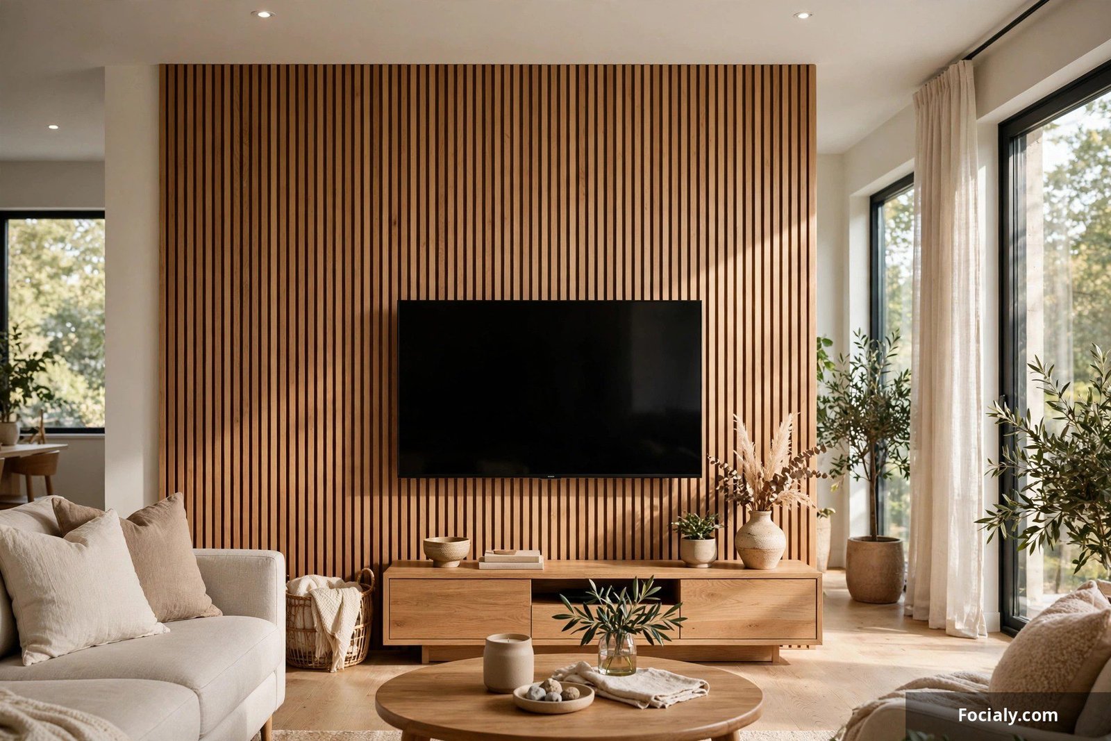 Vertical wood slat accent wall behind a television
