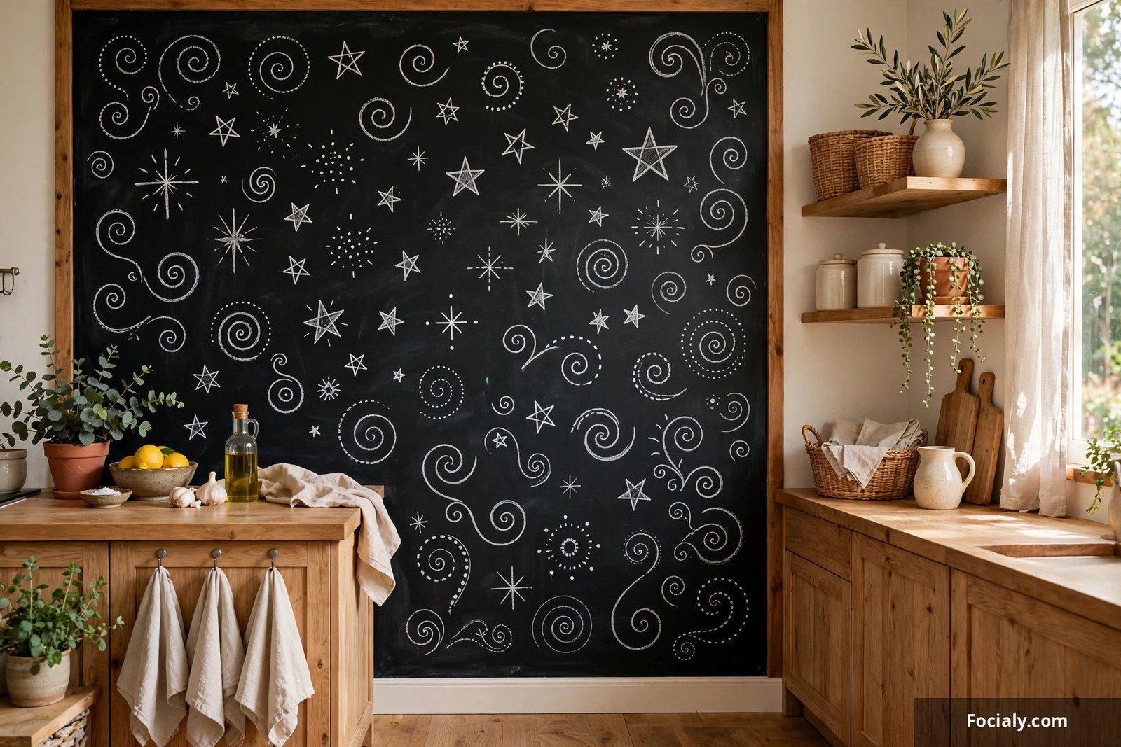 Chalkboard wall with hand-lettered menu and calendar in a kitchen