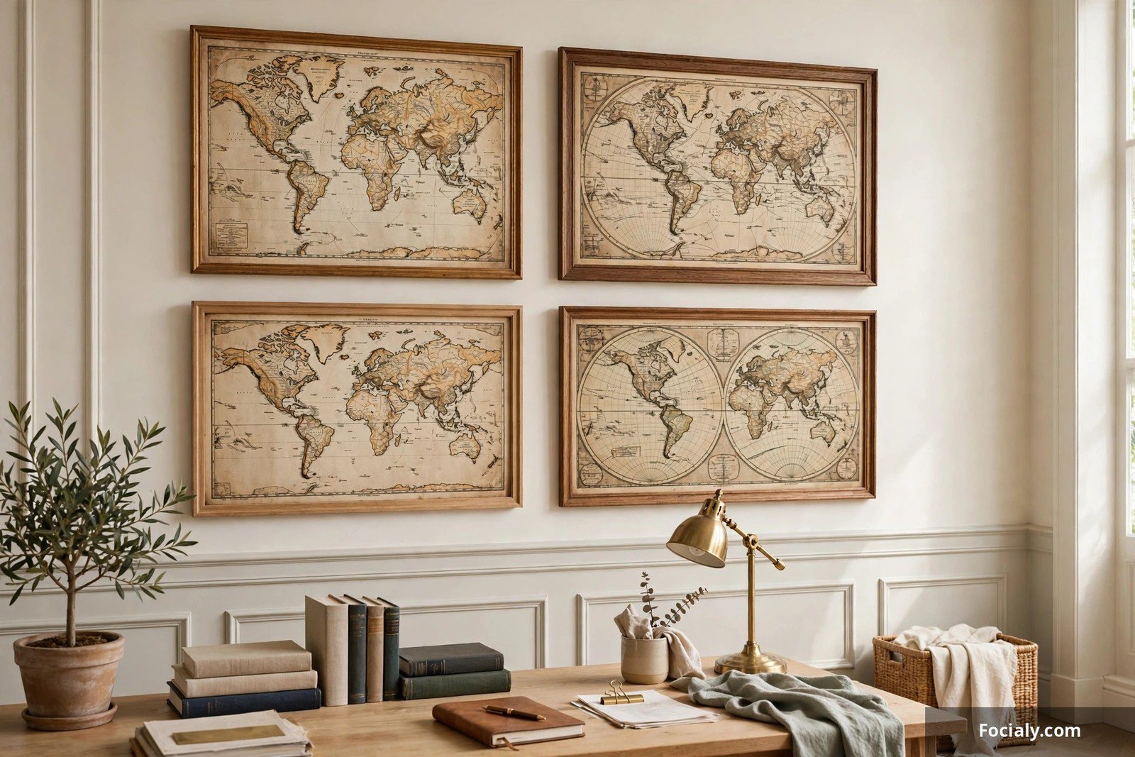 Framed vintage world maps on a home office wall