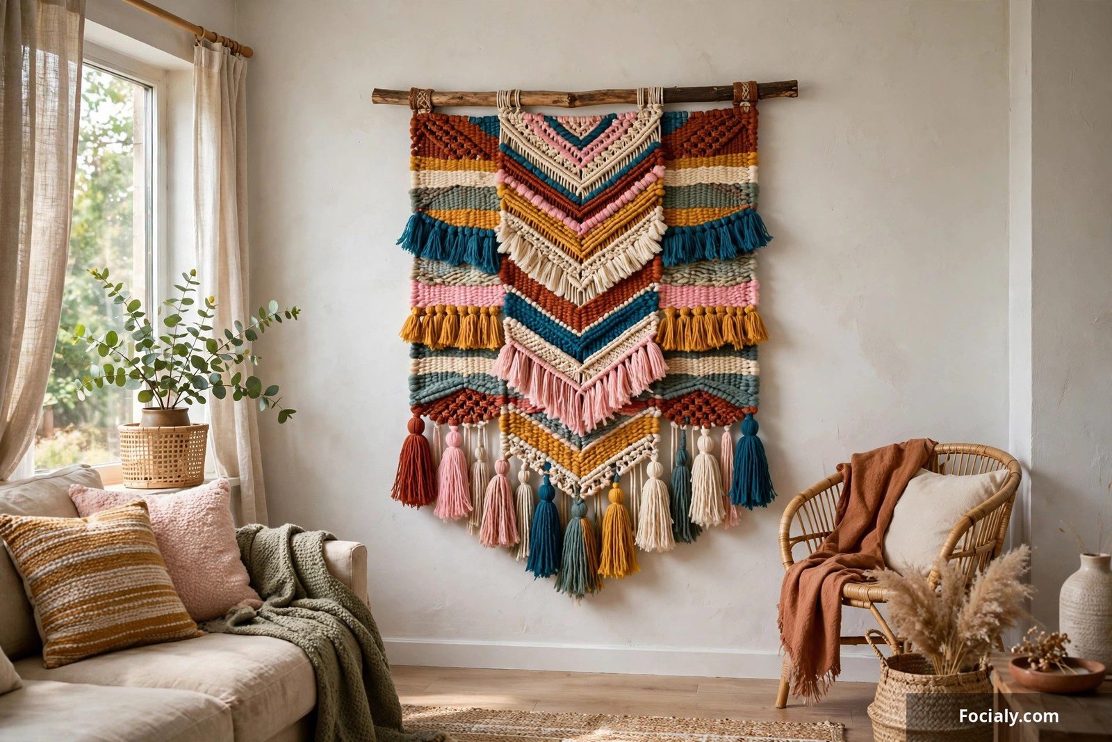 Colorful woven yarn wall hanging with tassels