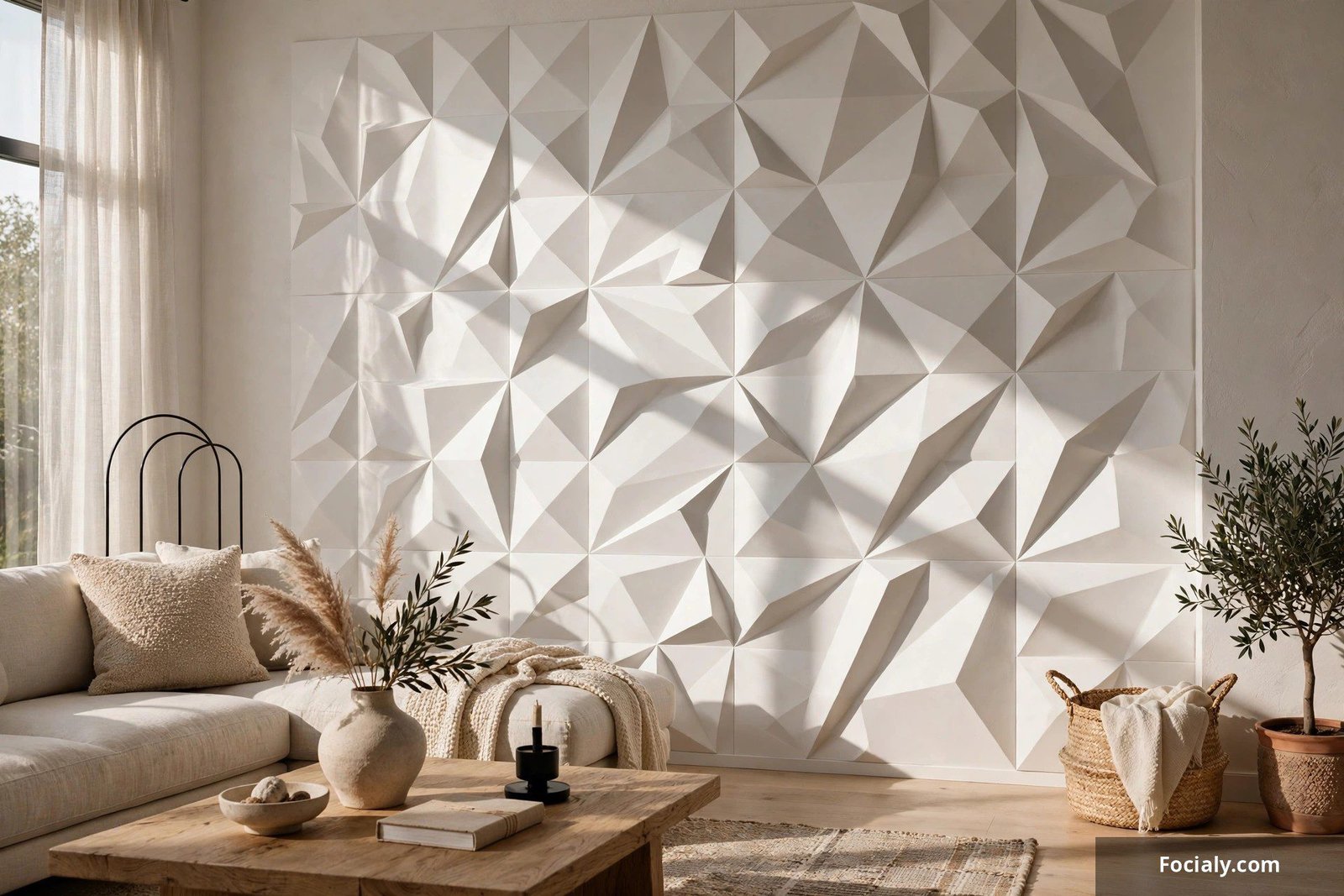 White sculptural 3D geometric wall tiles with shadows