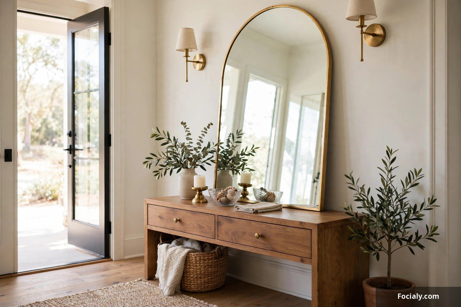 Arched full-length mirror leaning over a wooden console table