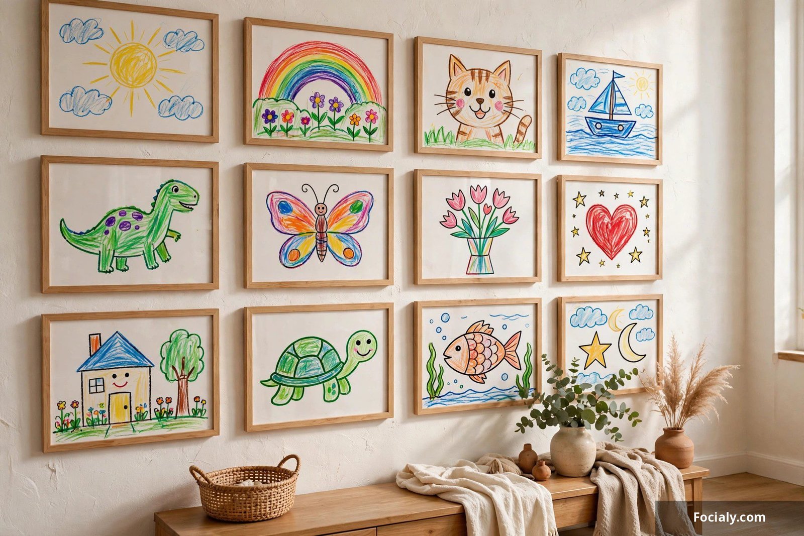 Children's colorful drawings displayed in matching frames on a wall