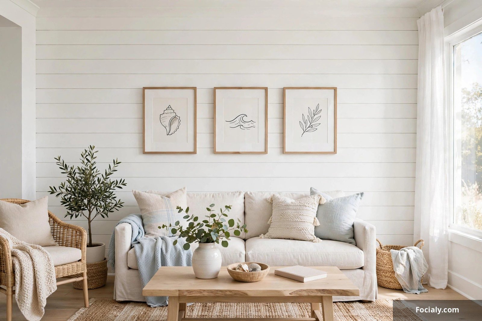 White shiplap accent wall with simple framed art