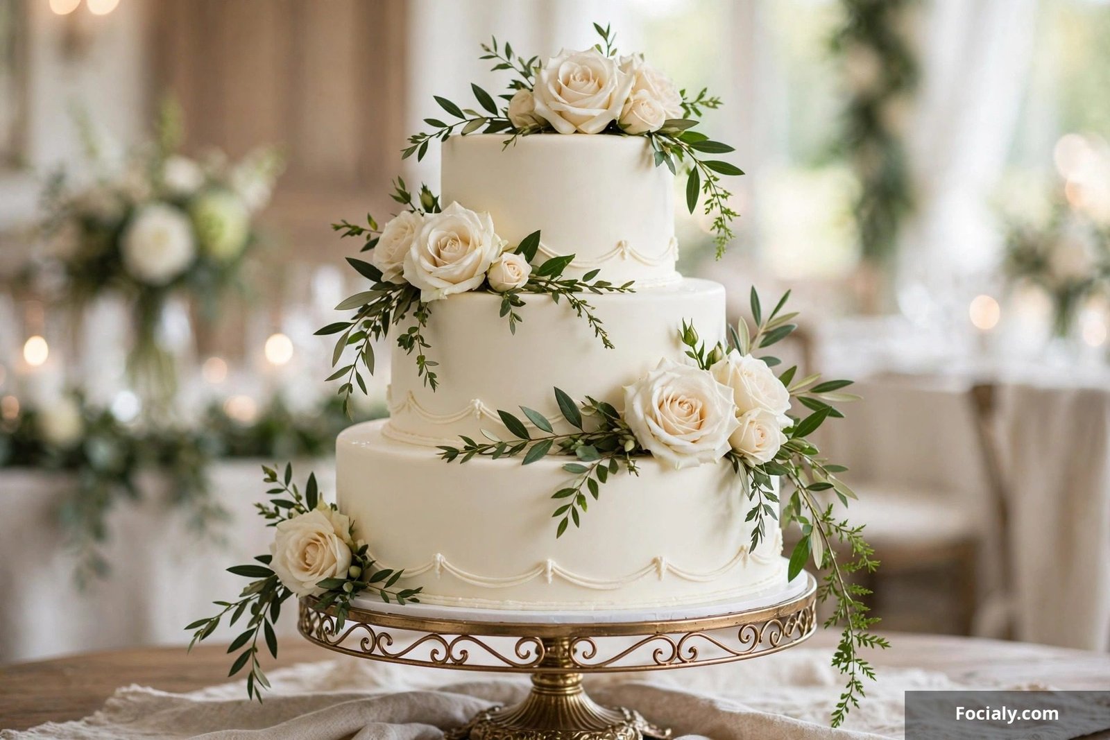 Classic three-tier white wedding cake decorated with ivory roses and greenery