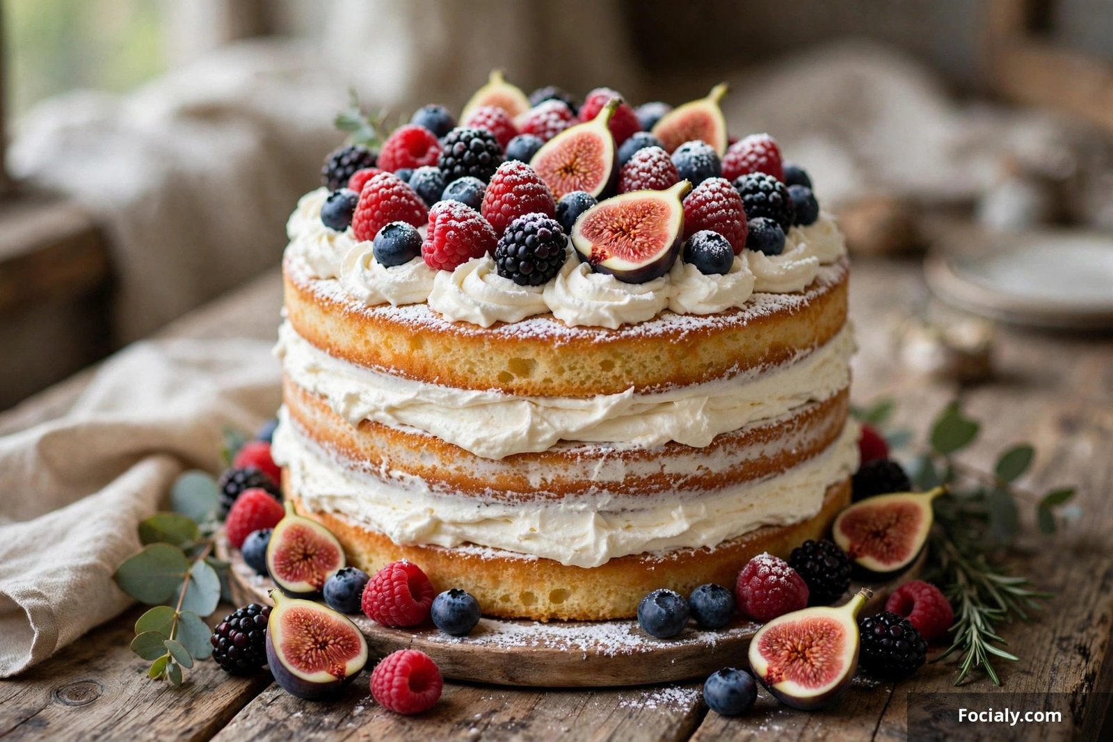 Naked wedding cake with visible sponge layers topped with fresh berries and figs