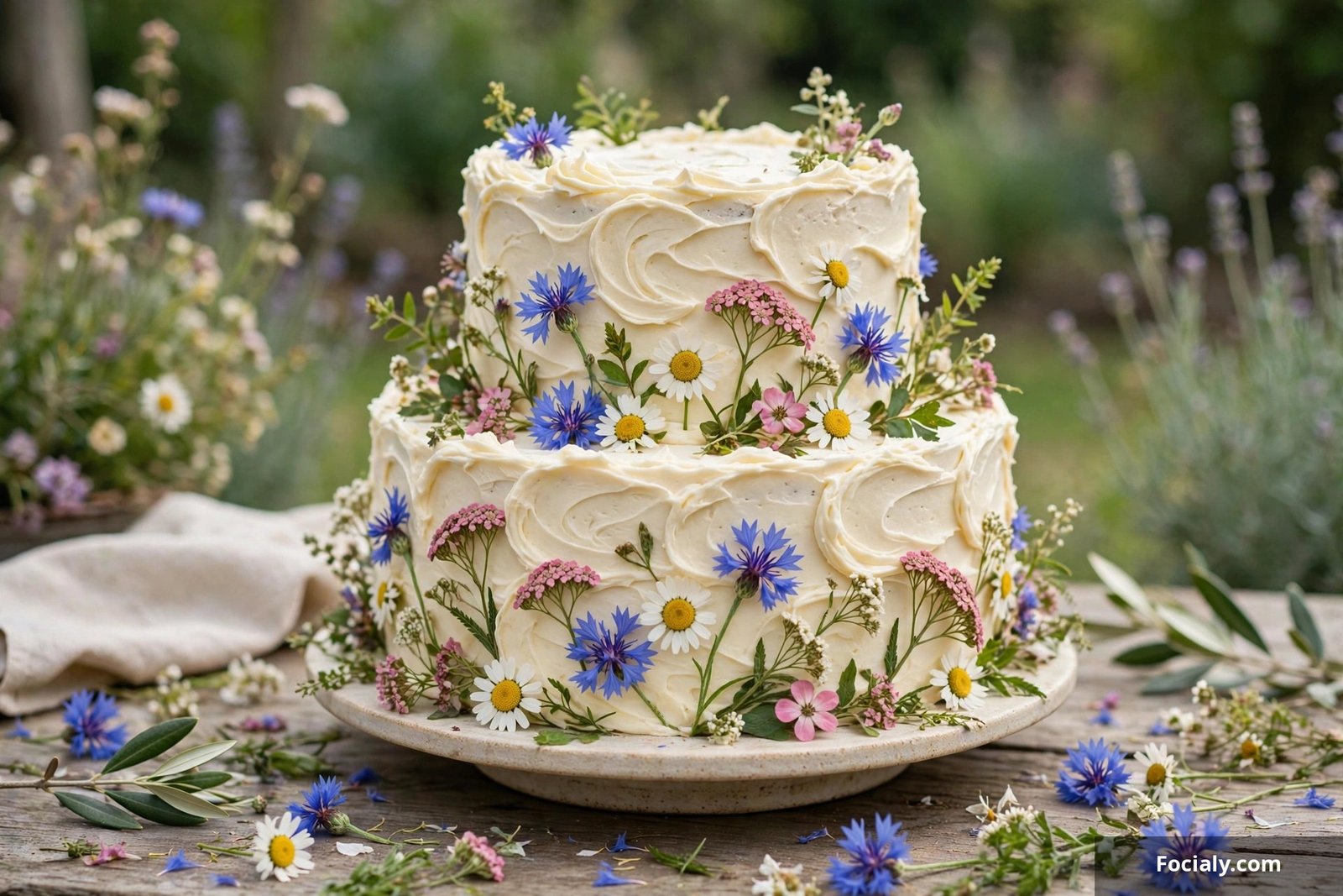 Rustic buttercream wedding cake decorated with colorful wildflowers
